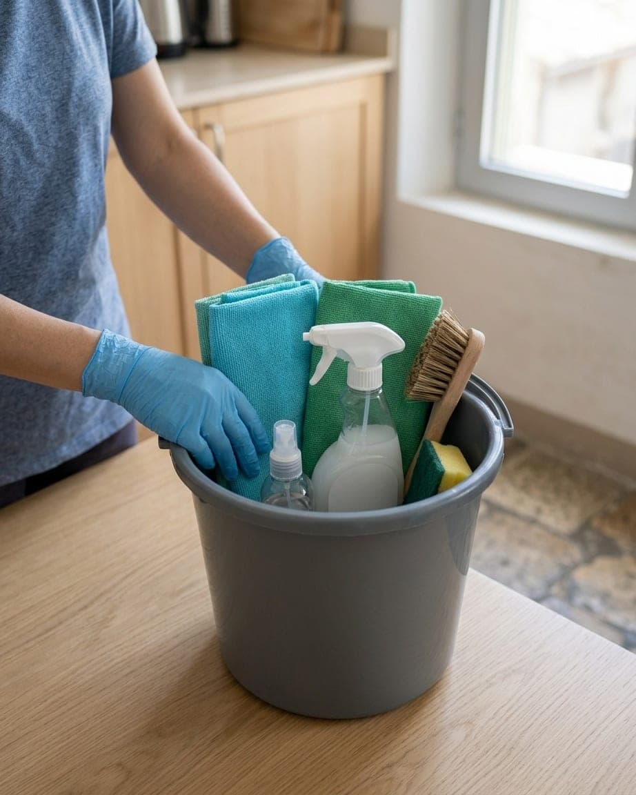 Des mains gantées de bleu rangent microfibres, flacons, brosse et éponge dans un seau gris posé sur une table de cuisine