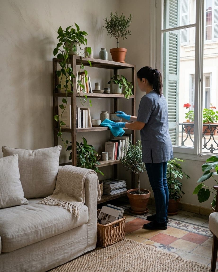 Une femme dépoussière une étagère de livres et de plantes dans un séjour lumineux, canapé en lin et sol de tomettes