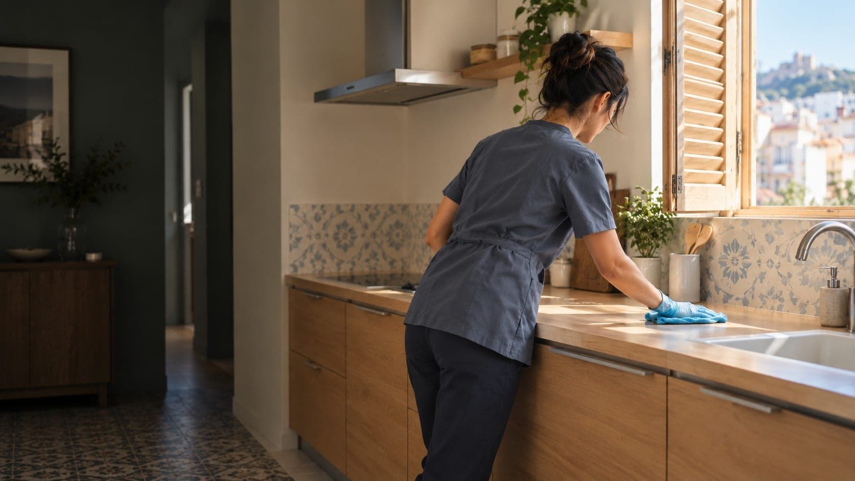 Une femme en blouse bleu-gris essuie le plan de travail en bois d’une cuisine au carrelage ensoleillé, volets ouverts sur les toits de Marseille