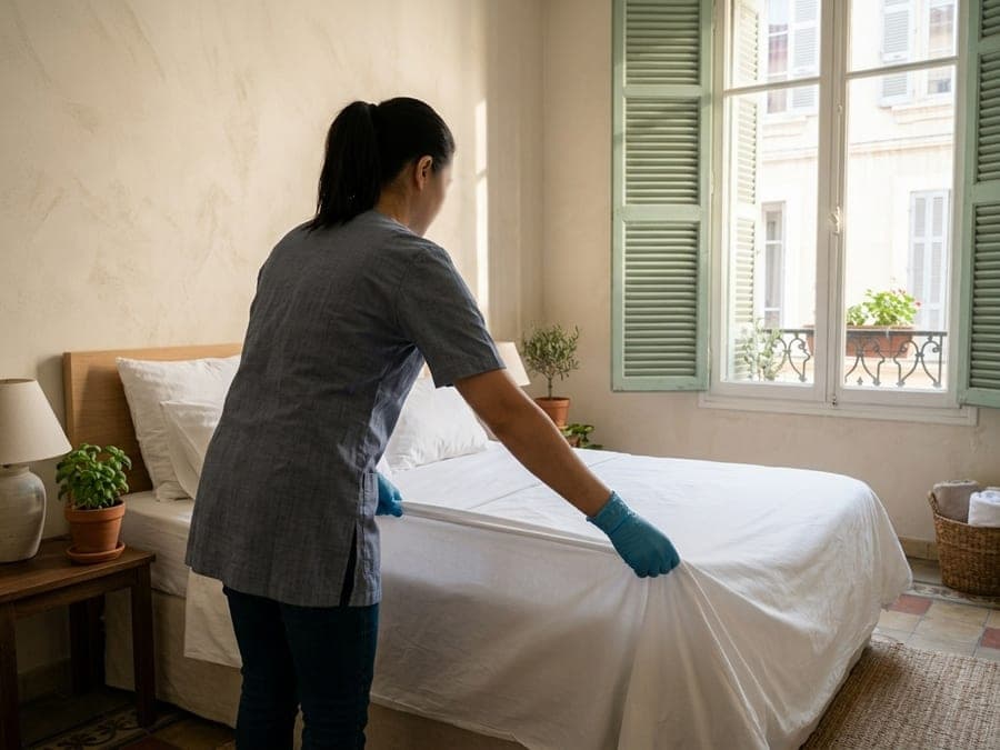 Une femme gantée de bleu tend un drap blanc sur un lit, chambre claire aux volets vert d’eau