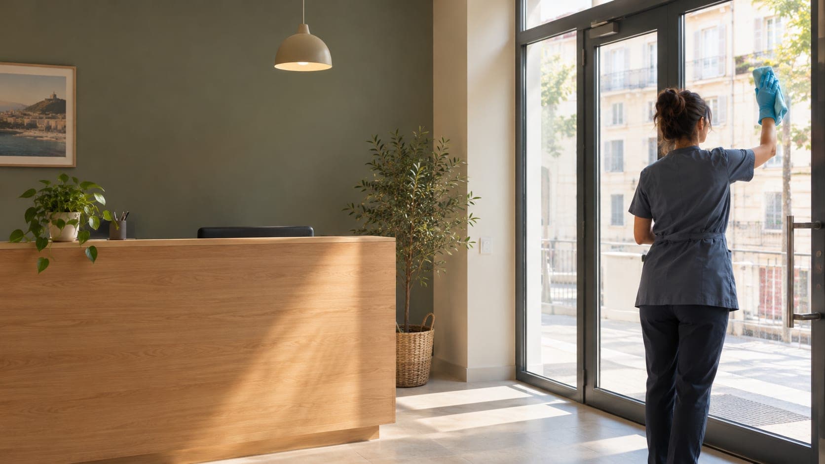 Hall d’accueil d’un bureau à Marseille : une intervenante en tunique bleu-gris nettoie la grande porte vitrée près du comptoir en bois