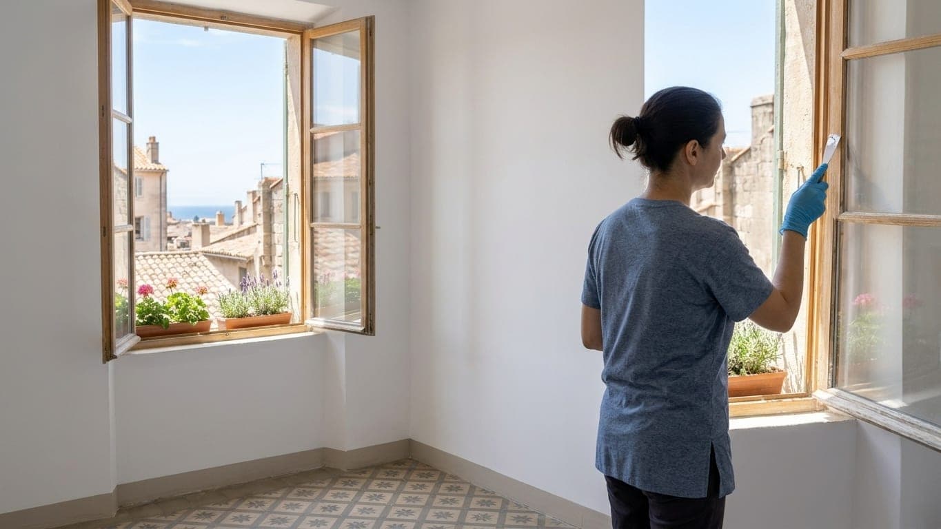 Dans une pièce aux murs blancs fraîchement peints, une femme gantée gratte une trace sur un encadrement de fenêtre