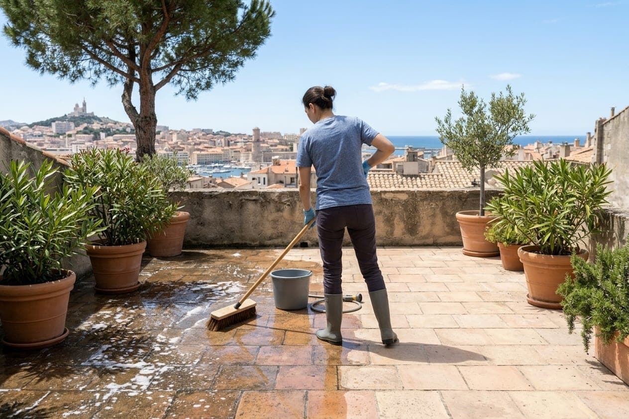 Une femme brosse le dallage mouillé d’une terrasse de tuiles, entre pots de lauriers, avec la vue sur Marseille