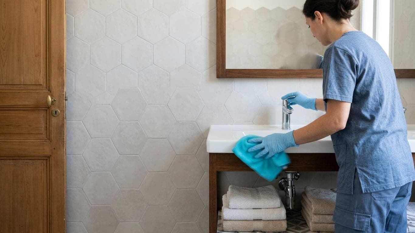 Une femme gantée de bleu essuie le robinet d’un lavabo dans une salle de bains aux carreaux hexagonaux clairs