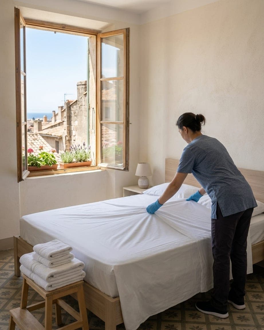 Une femme tend un drap blanc sur un lit près d’une fenêtre ouverte, serviettes pliées au pied du lit
