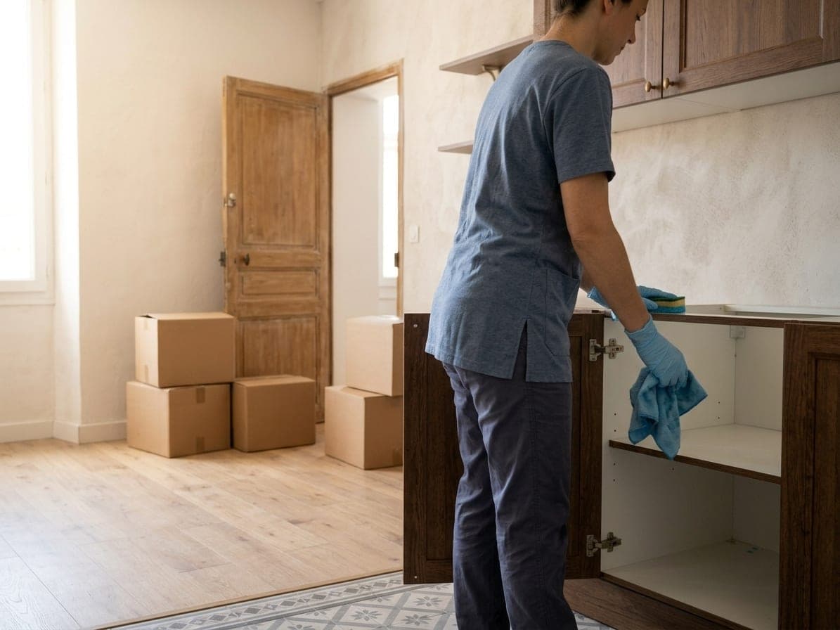 Dans un appartement vide aux cartons fermés, une femme essuie l’intérieur d’un placard de cuisine ouvert
