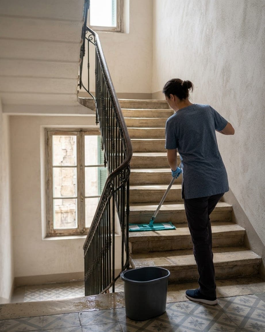 Escalier d’immeuble à rampe en fer forgé : une intervenante vue de dos passe la serpillière sur les marches en pierre